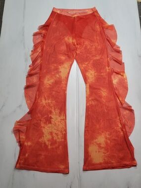 NWOT Orange Tie Dye Sheer Mesh Ruffle Flare Pants Womens L Rave Festival Pants